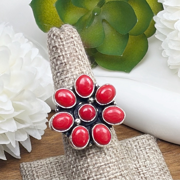 Southwest Jewelry - Red Coral Ring Size 7 Sterling Silver 925 Flower Cluster Gemstones Ring